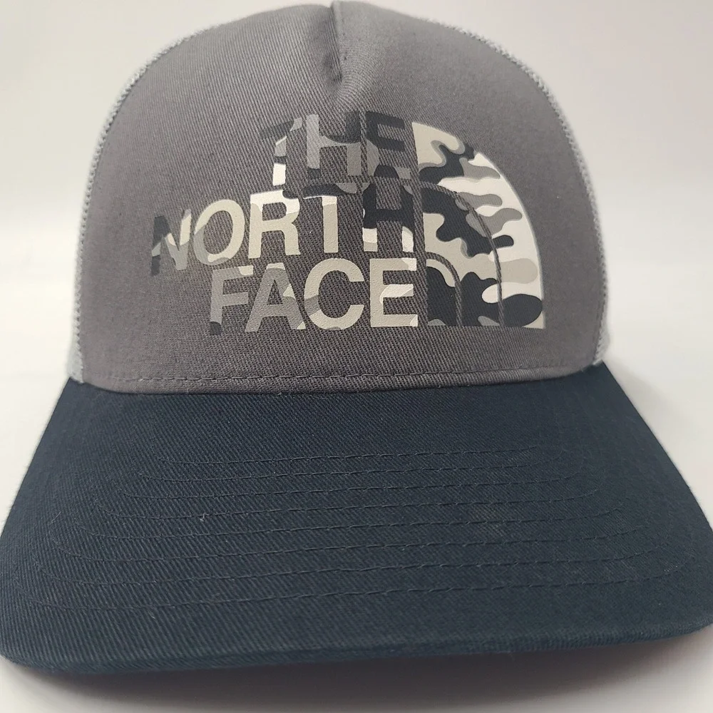 The North Face Hat Snapback Trucker Mesh Gray Black Camo Logo Outdoors Hike Men